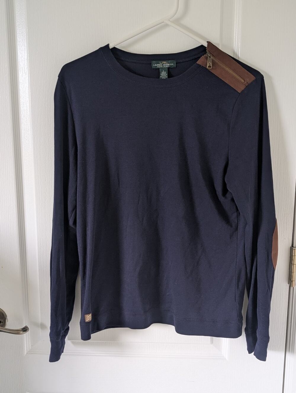 Lauren Ralph Lauren Womens L Navy Suede Elbow Patch Sweater Preppy Equestrian 🐎
